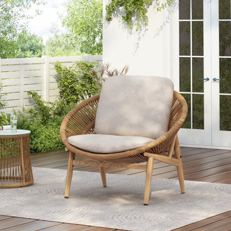 Ciprianna Patio PE Rattan Lounge Chair With Iron Frame & Cushions, Light Brown, Beige