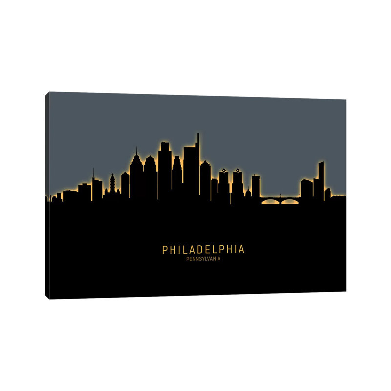 Philadelphia Skyline Glow Orange by Michael Tompsett - 1 Piece Wrapped Canvas Wall Art, 20.32 cm H x 30.48 cm W