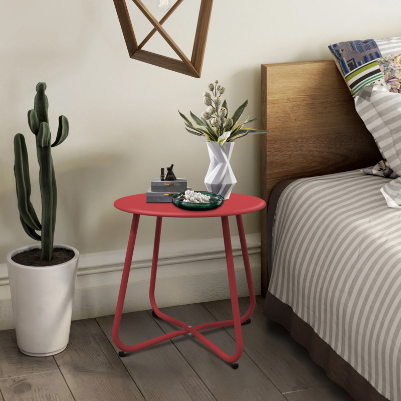 Outdoor Side Table, 18'' Round End Table With Square Feet, Red