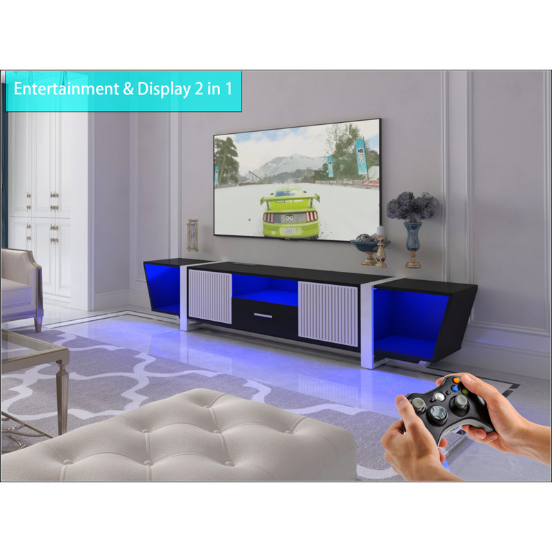 Meuble télé avec de grandes armoires de rangement, meuble télé à DEL Biplane avec télécommande, centre de divertissement moderne à lumières multiples avec cordon d'alimentation
