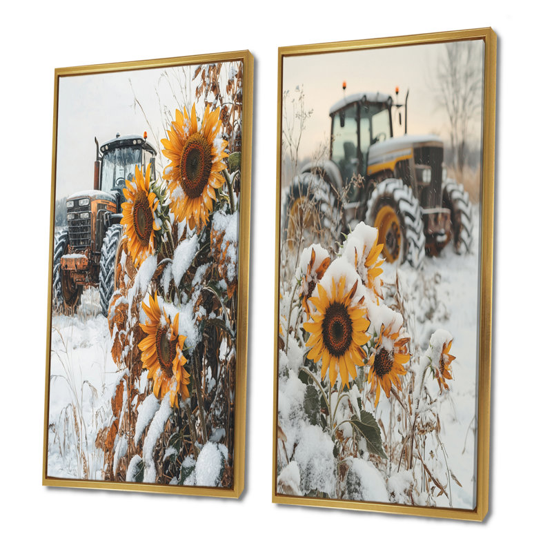 Tournesols et le tracteur enneigé I - Collection d'art mural 2 panneaux, H 32 po x l 33 po, Cadre flottant doré