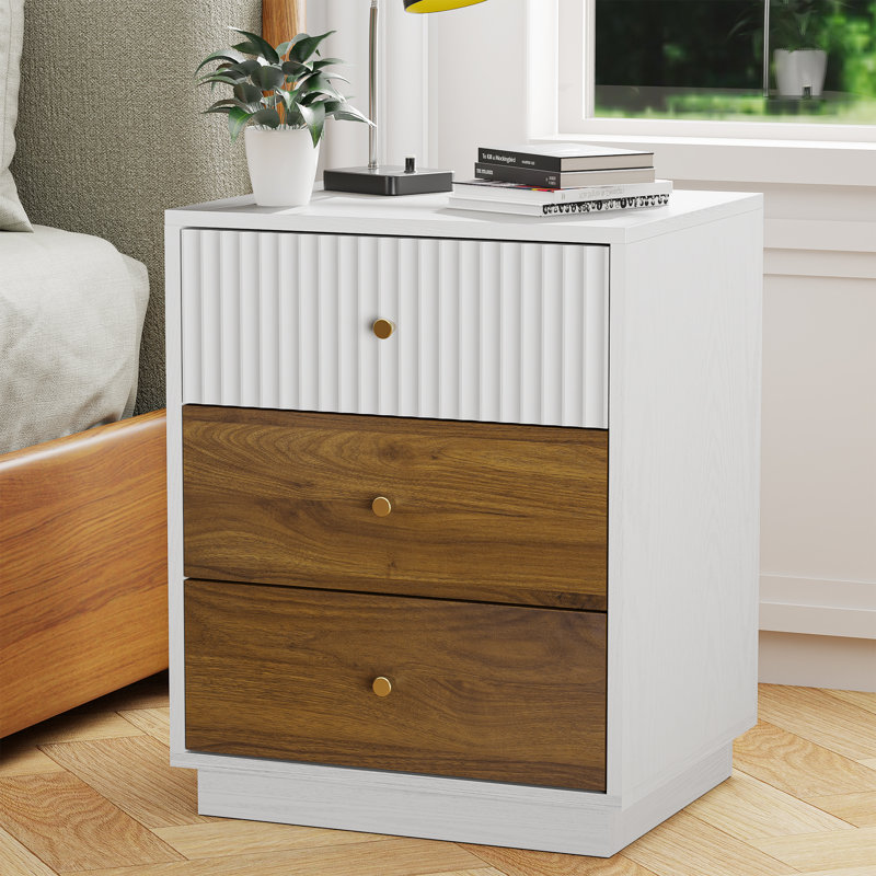 Mid-Century Modern Fluted Nightstand with 3 Drawers, White, Individual