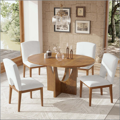 Modern 5-Piece Extendable Round Dining Table Set with 16.2inch Removable Leaf for Small Places