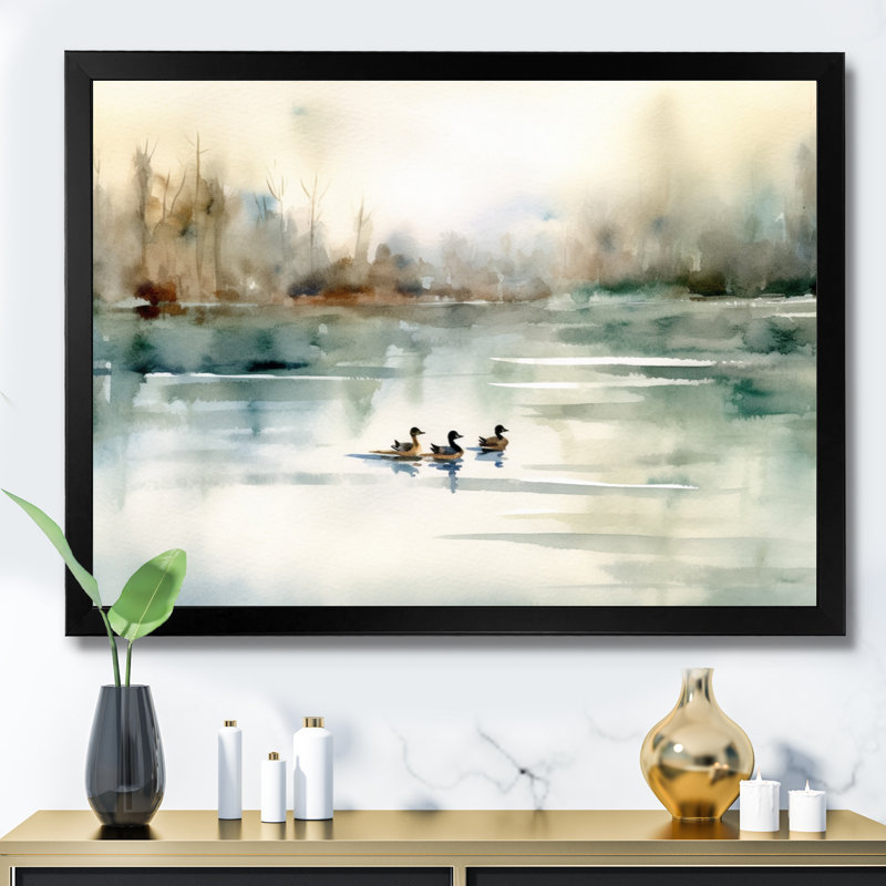 «Ducks in Pond I» - Art mural sur toile, Noir, H 16 po x l 32 po, Impression encadrée