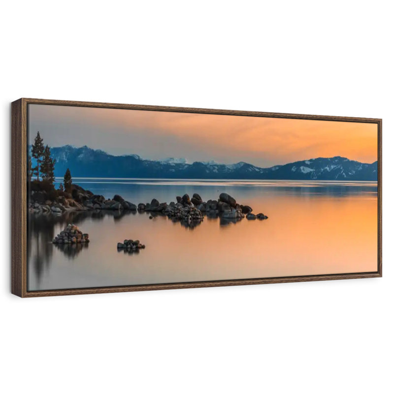 Rocky Lake Tahoe Sunset, 57" X 19", Floating Frame Walnut
