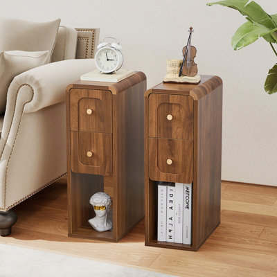 Table de bout mince, table de chevet étroite avec 2 tiroirs et rangement ouvert