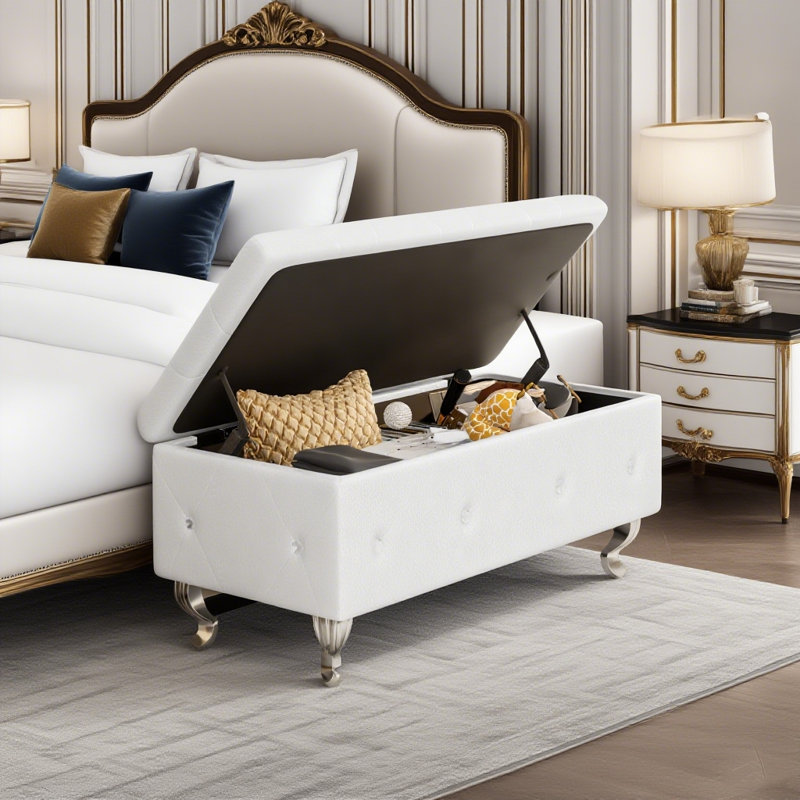 Banc de rangement avec repose-pieds pour la chambre à coucher, banc de hall d'entrée rembourré avec capitonnage à boutons, banc de rangement pliant avec pieds et charnière de sécurité pour le salon, la chambre à coucher, l'extrémité du lit, le v