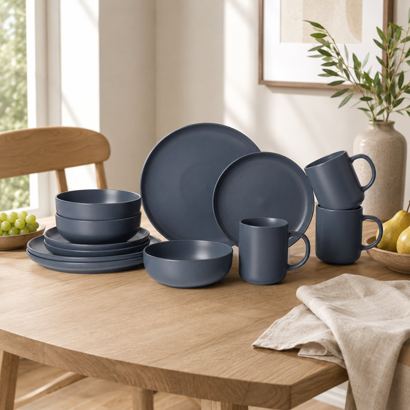 Matte blue glaze 12-piece stoneware tableware set with mug, safe, non-toxic, stackable, suitable for three people, microwave and dishwasher safe.