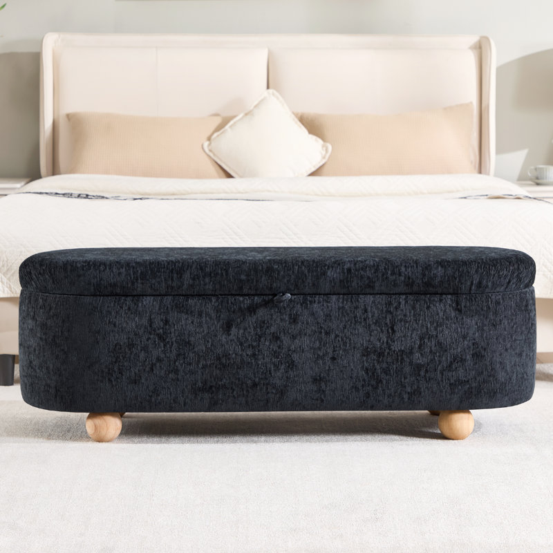 Banc ottoman de rangement ovale de 51,2 pouces avec pieds en bois, Black