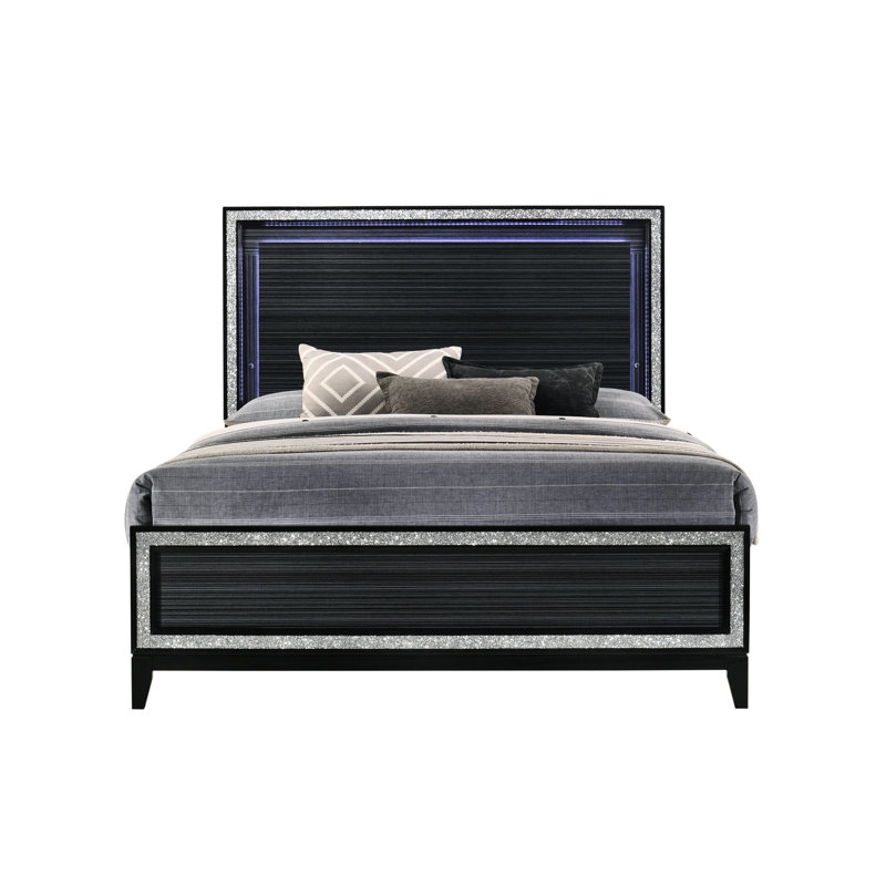 Grand lit à DEL noir patiné - Fabriqué en bois composite, capacité de poids de 660 lb, conception élégante avec éclairage et garnitures décoratives et tête de lit à décor argentée intégrée