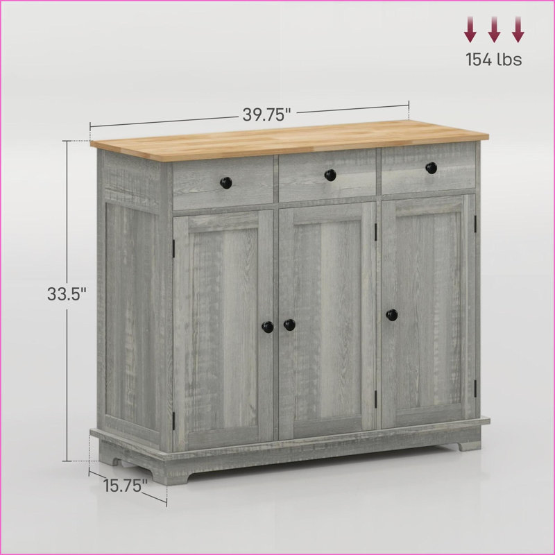 Buffet de HOMcom, gris clair patiné moderne avec plateau en bois massif | 3 tiroirs | Tablette réglable | Bois d'ingénierie