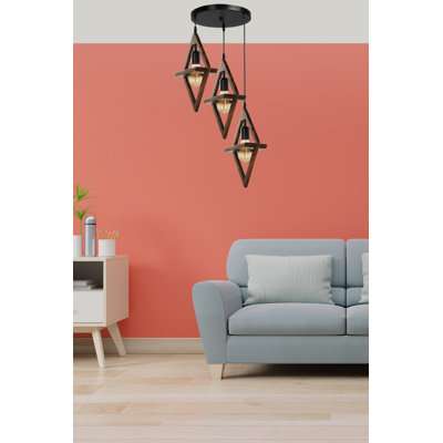 Luminaire suspendu géométrique à 3 lumières avec accents en bois Zahraa