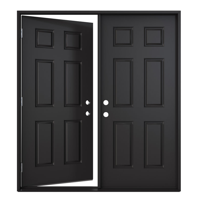 Entry Front Exterior Fiberglass Door 72" x 80"(2 * 36" x 80") Painted Black 6-Panel French Door With Jamb,Classic Design & Modern Style & Long-Lasting Use, Left-Hand Inswing (Not Included Hardware Kit)