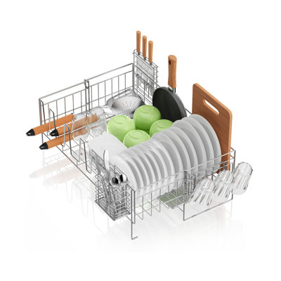 Expandable Kitchen Counter Stainless Steel Large Dish Drying Rack with Cutlery Box and Cup Knife Holder