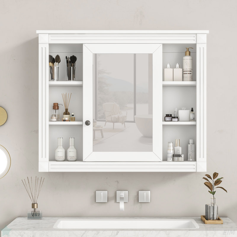 Armoire de rangement murale de salle de bain 35 po x 28 po, armoire à pharmacie, armoire murale moderne avec miroir, armoire à miroir avec 6 tablettes ouvertes (meuble-lavabo non inclus)