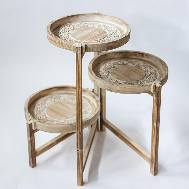 Rustic Light Brown Wooden 3-Tier Round Plant Stand