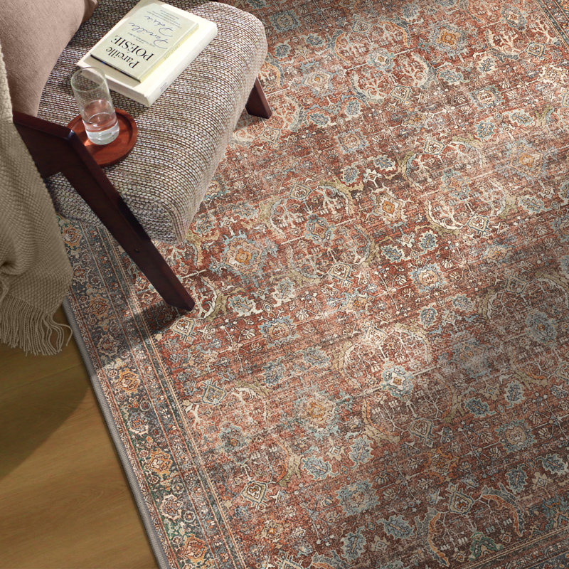 Abastos Oriental Performance Brick Red Machine Washable Area Rug, Rectangle 8' x 10', Red/Brick