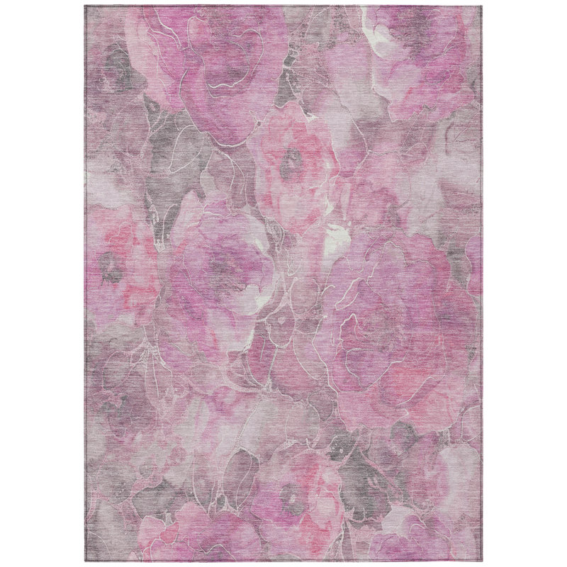 Tapis intérieur / extérieur rose lavable à la machine Xhevrie, Rectangle 10 pi x 14 pi