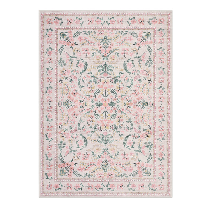 Vintage Floral Rug 9x12 Large Washable Rug for Living Rooms, Soft Thin Non Shedding Carpet, Low Pile Foldable Indoor Printed Mats, Farmhouse Oriental Carpet for Hotel, Pink
