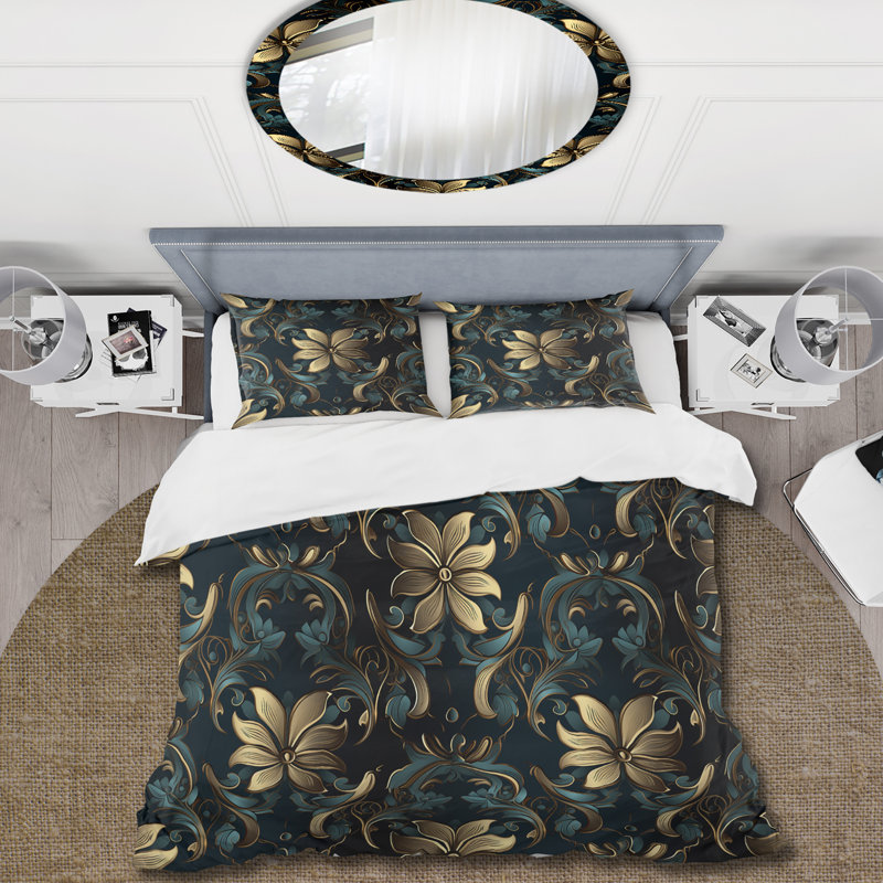 Ensemble de housse de couette damassé or et bleu Luxury Damask Symphony I, Housse de couette pour très grand lit et 2 très