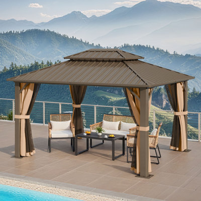 11' X 9' Aluminum Hardtop Gazebo – Double Roof Design with Weather-Resistant Canopy, Brown Curtains