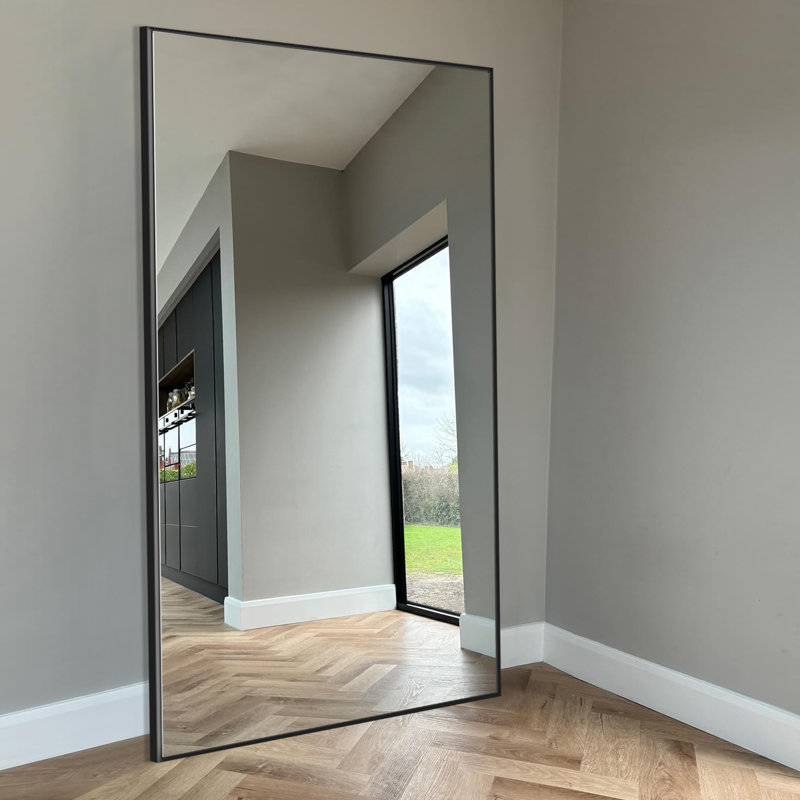 Vertell Oversize Rectangle Full Length Mirror Metal Mirror for GYM/ Bedroom with Stand, Matte Black, 71" x 32"