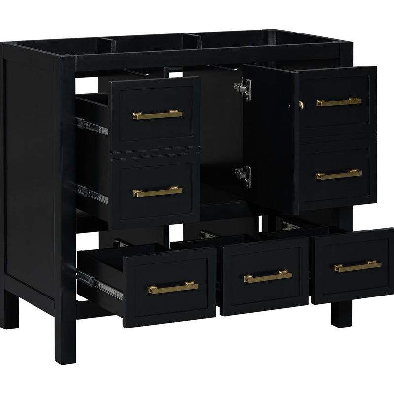Meuble-lavabo de salle de bain 36 po, structure, 5 tiroirs, fermeture en douceur, meuble-lavabo, planches, Noir