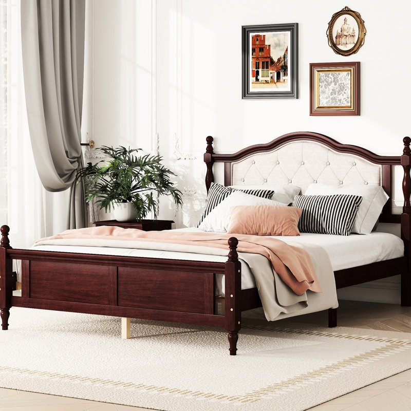 Grand lit avec tête de lit tapissier élégante et stable - Grand panneau confortable cerisier pin