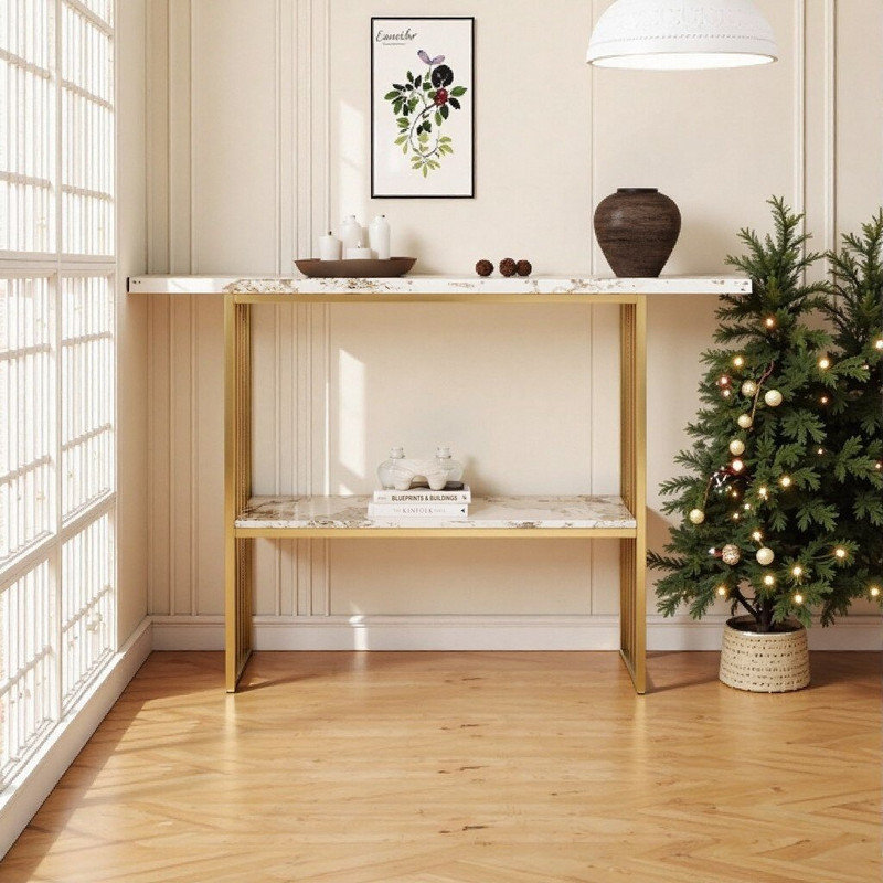 Double-Tier Faux Marble Console Table With Metal Frame And Storage Shelves