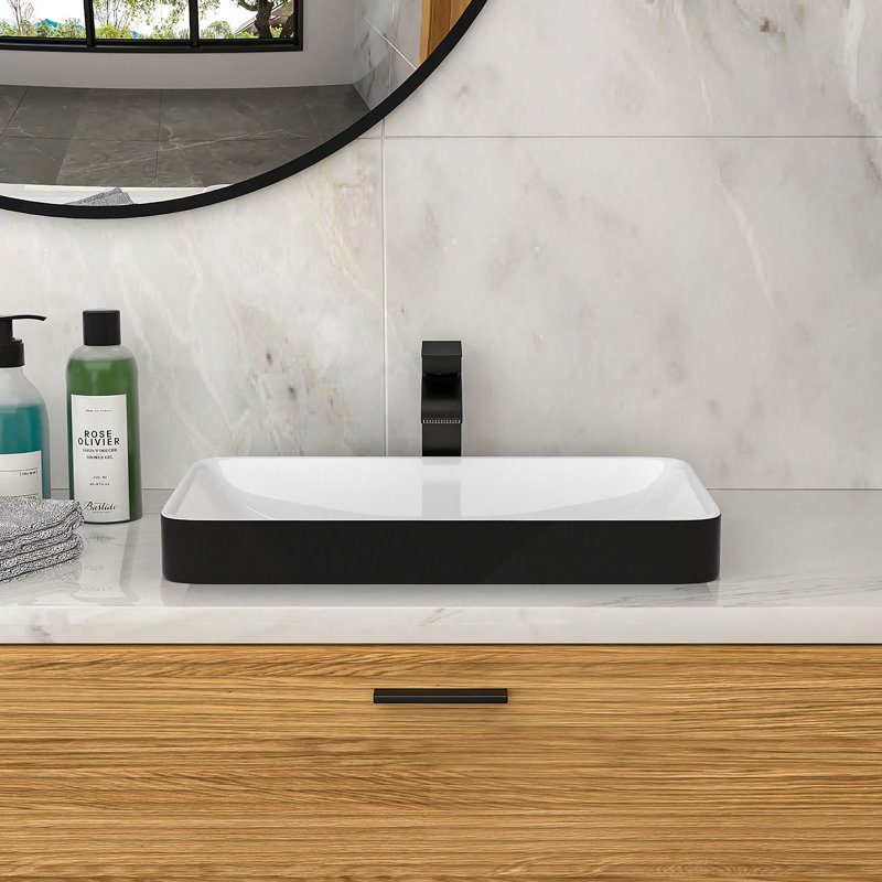 19"X12" White & Black Semi-Recessed Ceramic Bathroom Sink - Countertop Vessel Design