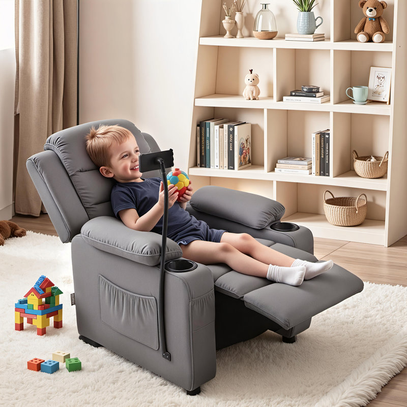 Kids Recliner Chair with Tablet Stand, Side Pockets and Cup Holders, Fabric, Dark Gray