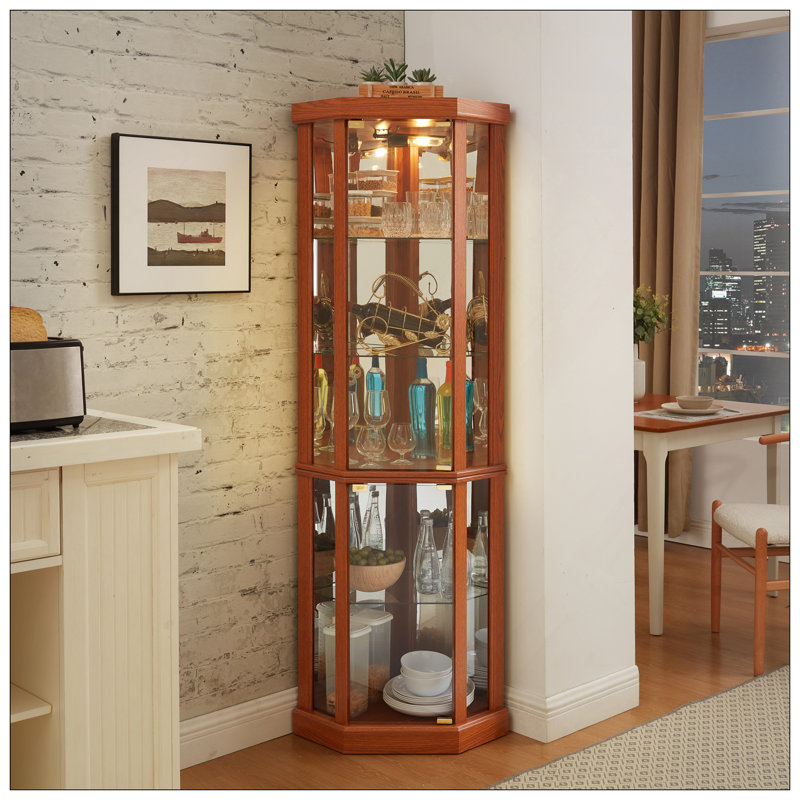 Corner Lighted Curio Cabinet Corner Glass Cabinet Lighted Curio Cabinet Corner Display Case For Living Room, Curio Cabinet, Antique Collection, Wine,Bar Glass Storage Light Included,Dark Oak