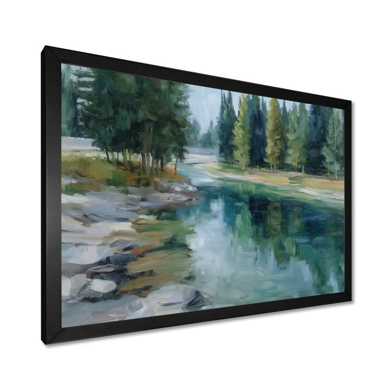 «Pine Trees Fraser River Calming Current», reproduction d'art sur toile, paysage vert, H 30 po x l 40 po, Cadre photo unique