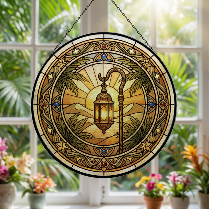 Lantern Sunburst Stained Glass Window Panel，12"H, 12"H