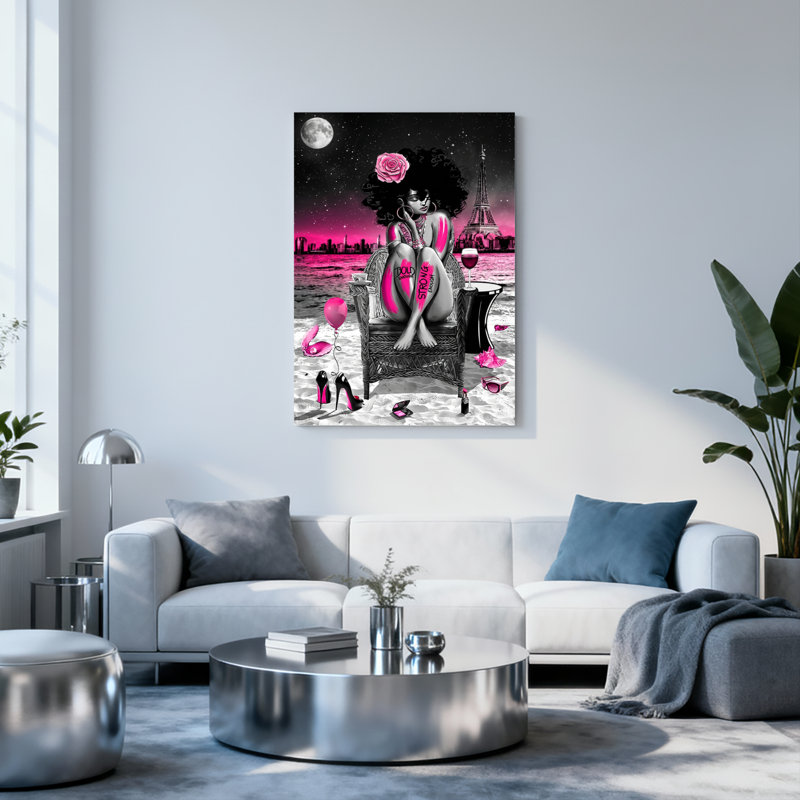 Ensemble de 1 tableau sur toile représentant une femme avec une rose rose et la tour Eiffel, H 18 po x l 12 po