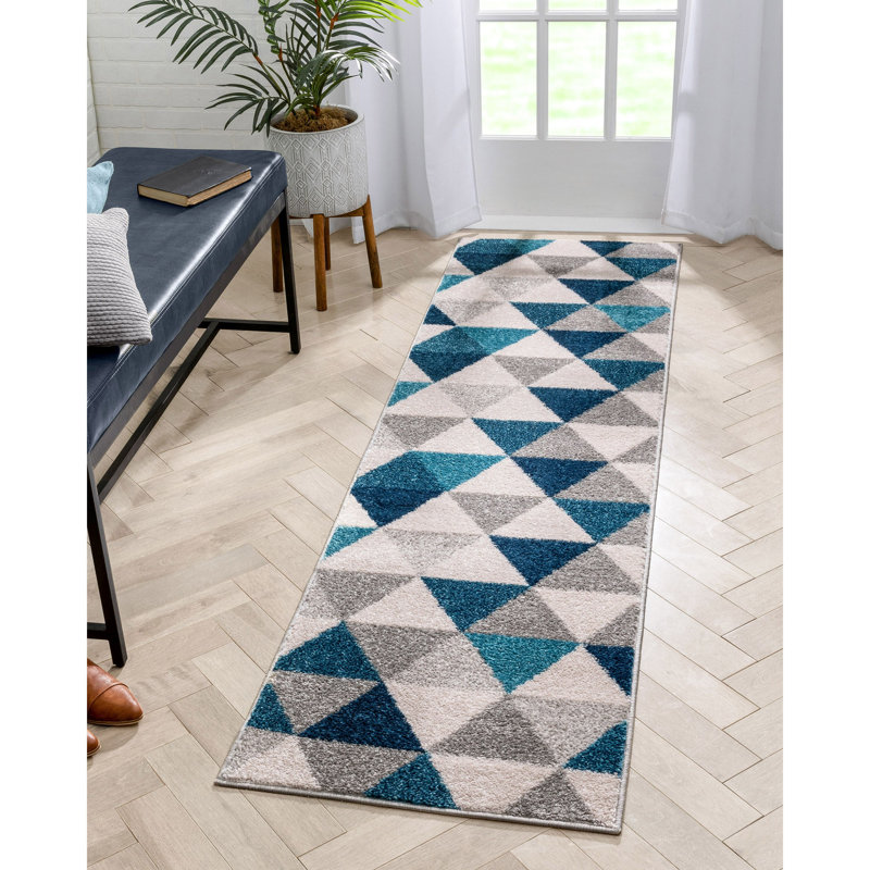 Rivka Modern Blue/Grey/Cream Geometric Rug, Runner 60 x 220cm