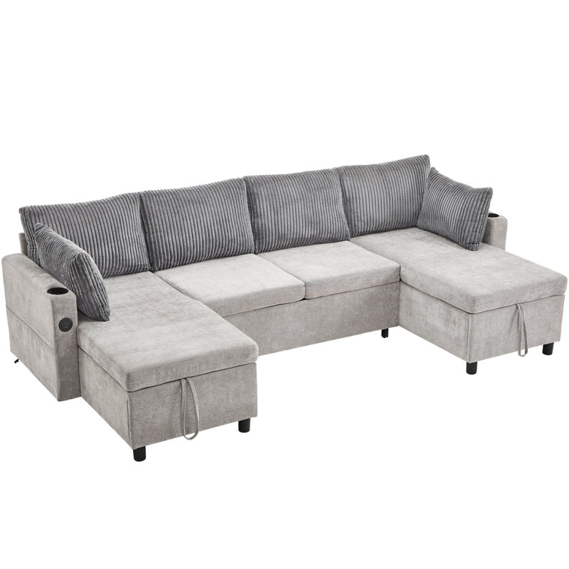 113.4" Sectional Sofa Pull-Out Sofa Bed Versatile Sofa Sleeper With Large Storage Space, Two Usb Ports And Two Cup Holders For Living Room