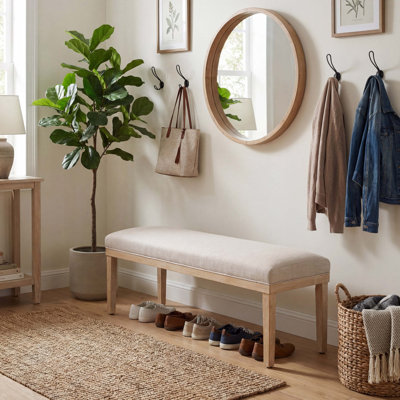 Entryway Upholstered Bench 52.8'' With Solid Wooden Legs, Natural Linen Shoe Bench Easy To Assemble