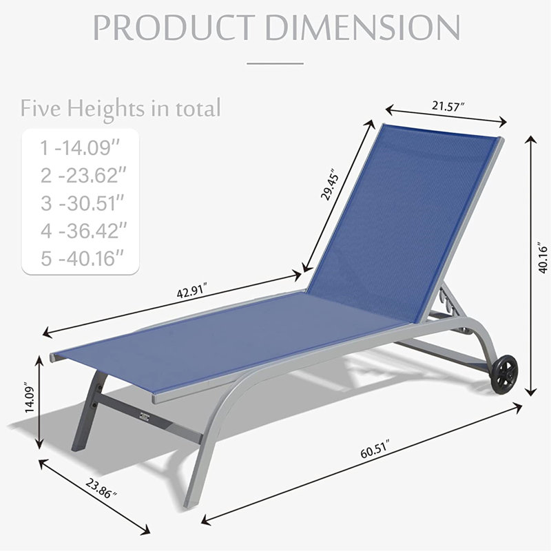Méridiennes d'extérieur avec 5 positions réglables - bleu respirant pour patio, plage, méridienne bleu léger et cour, terrasse