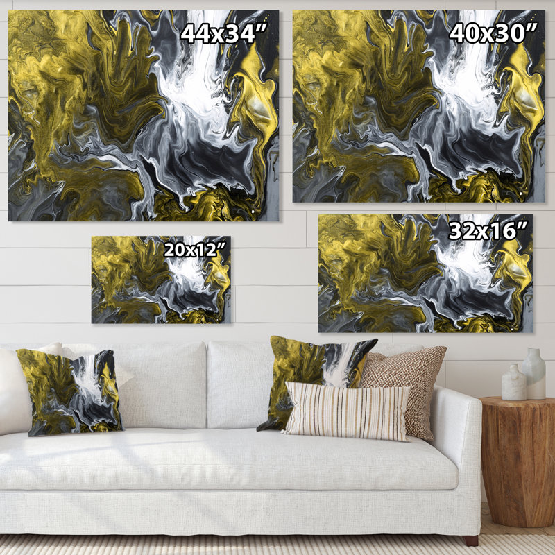 Jaune jaune et noir liquide Art Waves II - peinture sur toile, H 24 po x l 32 po, Toile tendue