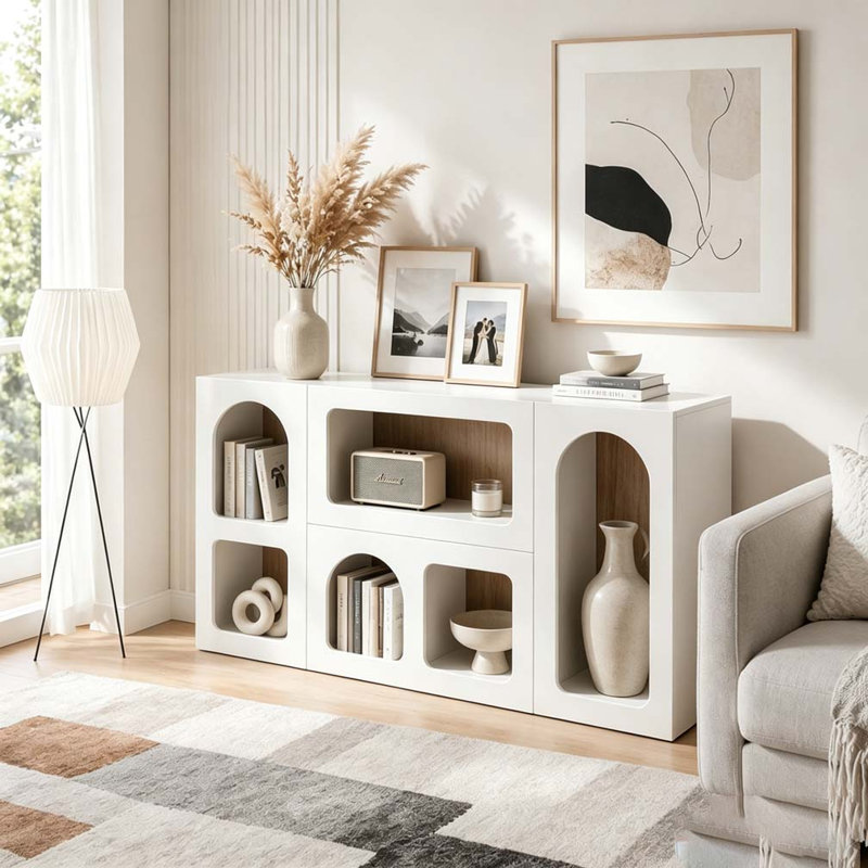 Console en bois, canapé moderne