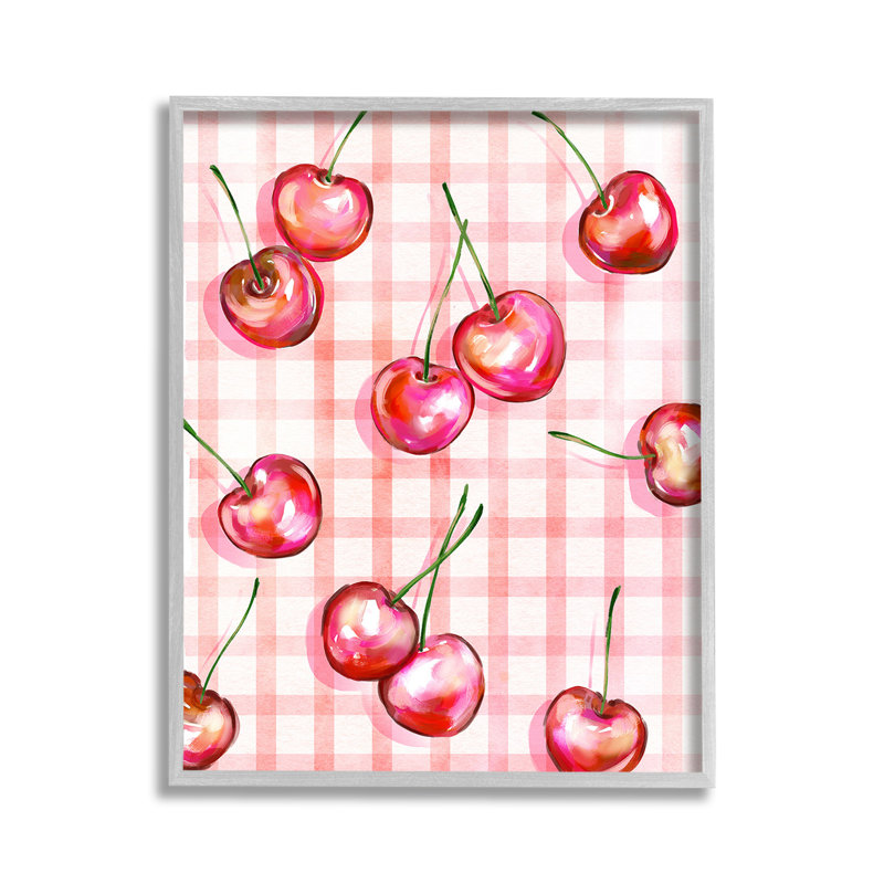 «Gingham», cerises, estampe numérique encadrée par Ziwei Li, H 14 po x l 11 po, Estampe numérique Farmhouse