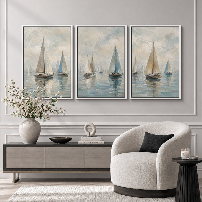 Doux bleu voilier, art de paysage marin, photos de salon, impression sur toile encadrée, 3 pièces, 36" H x 72" W x 1.5" D