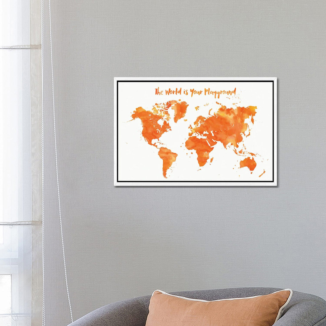 Orange Aquarell Kinderzimmer Weltkarte von Blursbyai - Galerie-verpackt Leinwand Giclée