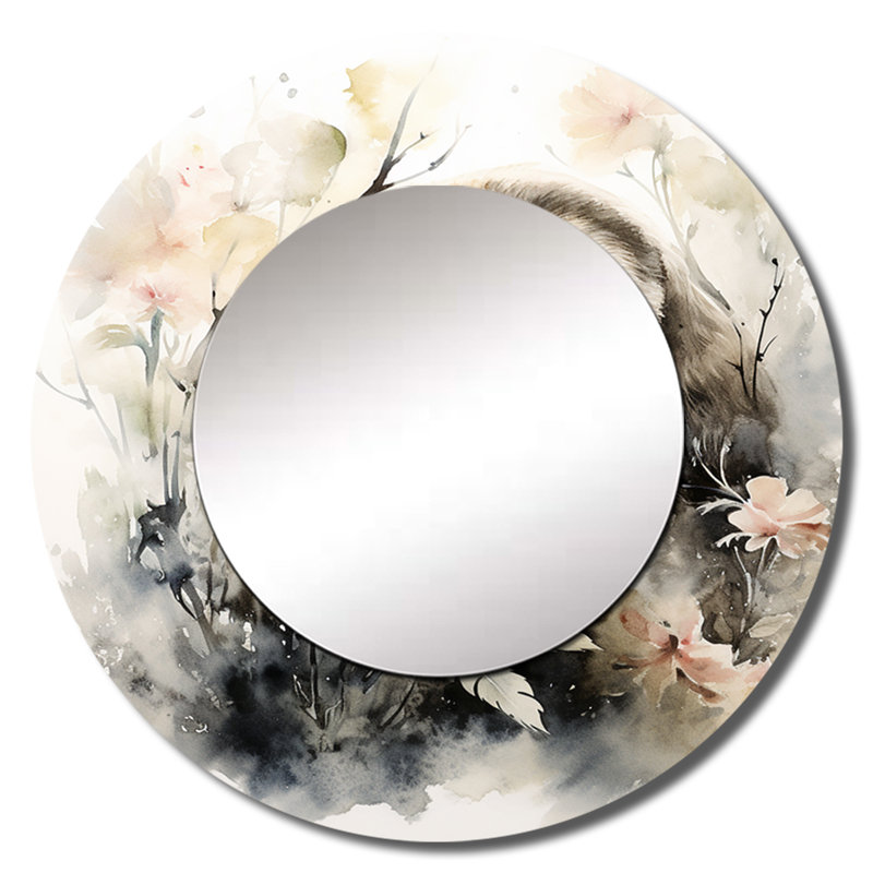 Sarom Asian Art Sloth Sumi - Asian Art Decorative Mirror, Gray Round Wall Mirror, Printed Metal Art, 29" x 29"