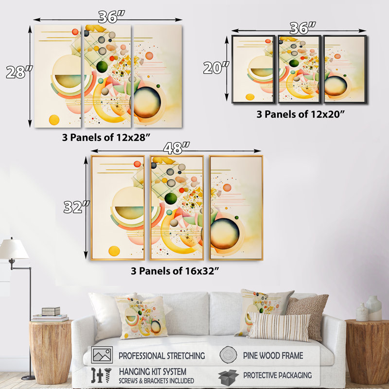 «Yellow Multi Shape Abstract VII», ensemble d'art mural moderne sur toile, H 28 po x l 36 po x P 1 po, Cadre blanc