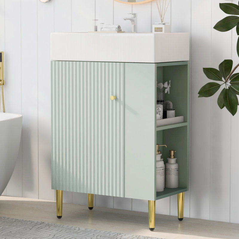 Meuble-lavabo vert 21,6 po, armoire combinée, meuble de rangement pour salle de bain, lavabo simple en céramique, rangement sur le côté droit