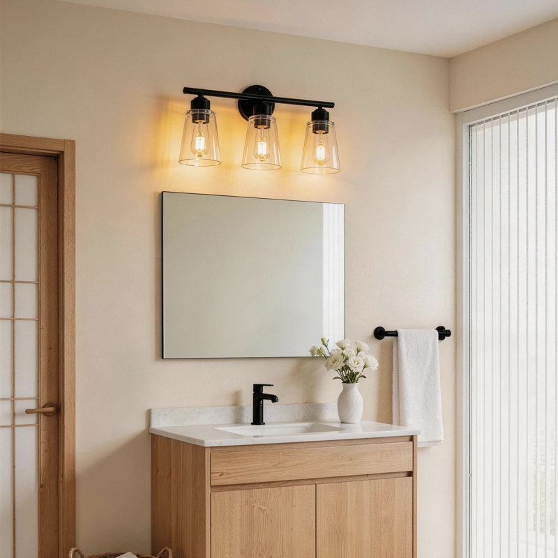 Luminaire de salle de bain 19 po à 3 lumières noires avec abat-jour conique en verre transparent, luminaire de salle de bain traditionnel