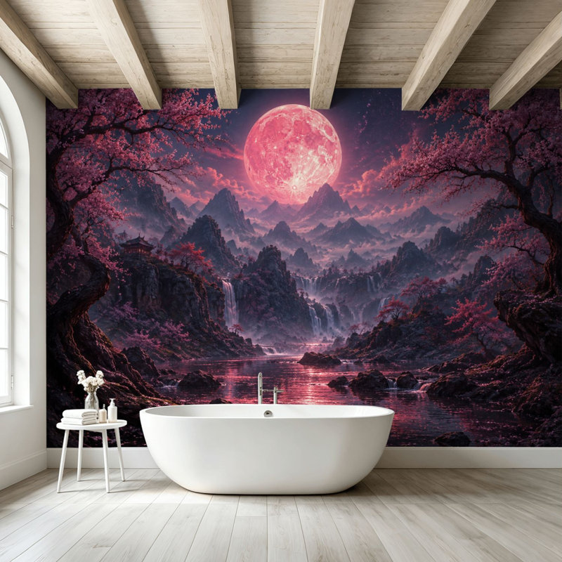 Papier peint adhésif pelez et collez, paysage enchanteur, paysage de chutes de cerisier, art mural auto-adhésif et amovible
