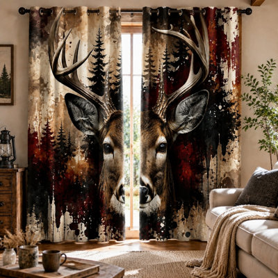 2Pcs Realistic Deer Forest Print Sun Blocking Curtains, Artistic Wildlife Splash Ink Design, Vintage Hunting Theme Ring Top for Living Room Bedroom Decor for Home Dector